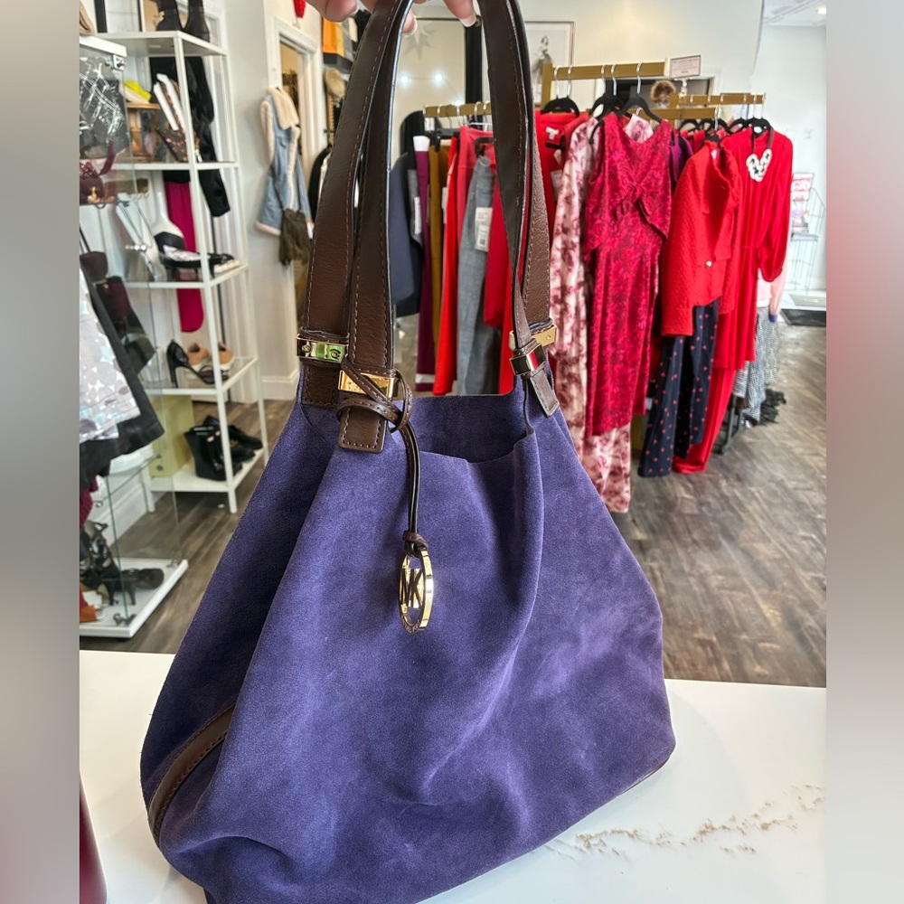 Michael Kors Purple Suede Tote with Brown Leather Handles